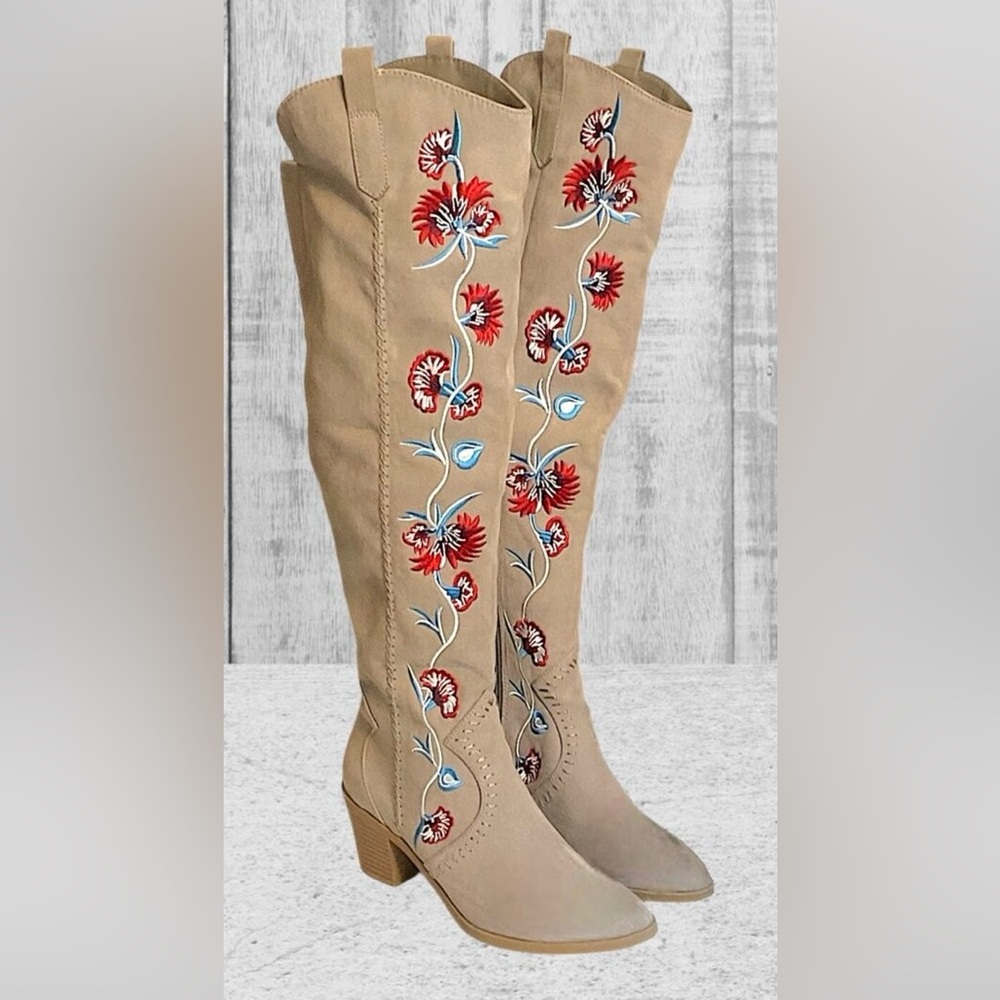 Carlos Santana Tan Over the Knee Boots